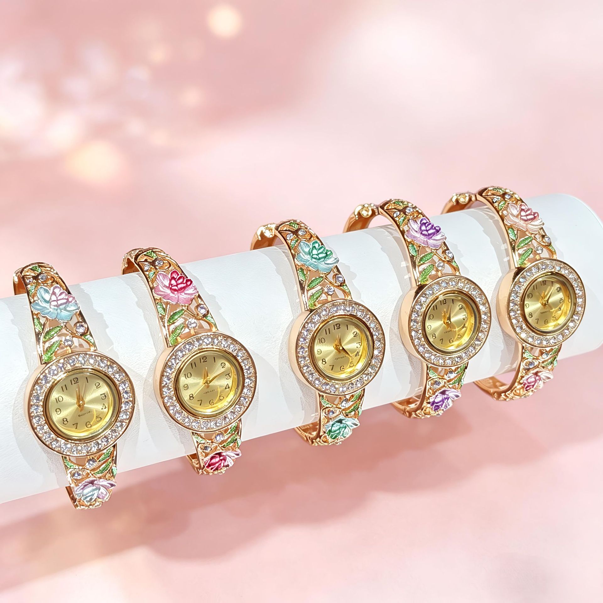 Vintage Jewelry Watches Women - Vintage Gold Enamel Flower Wrist Watch